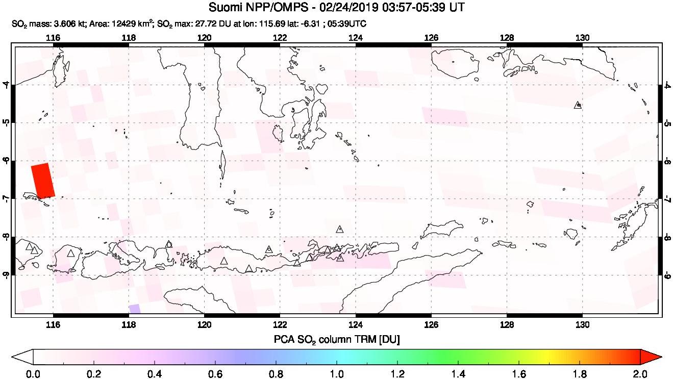 A sulfur dioxide image over Lesser Sunda Islands, Indonesia on Feb 24, 2019.