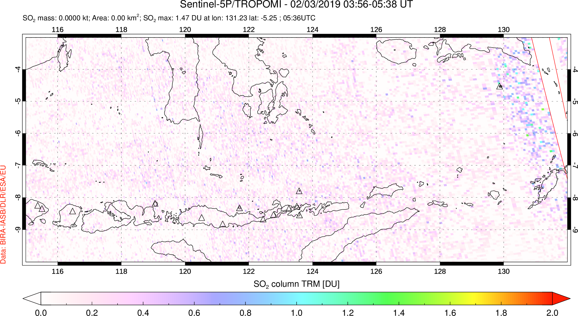 A sulfur dioxide image over Lesser Sunda Islands, Indonesia on Feb 03, 2019.