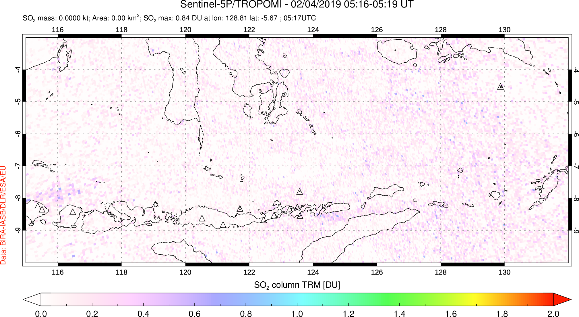 A sulfur dioxide image over Lesser Sunda Islands, Indonesia on Feb 04, 2019.