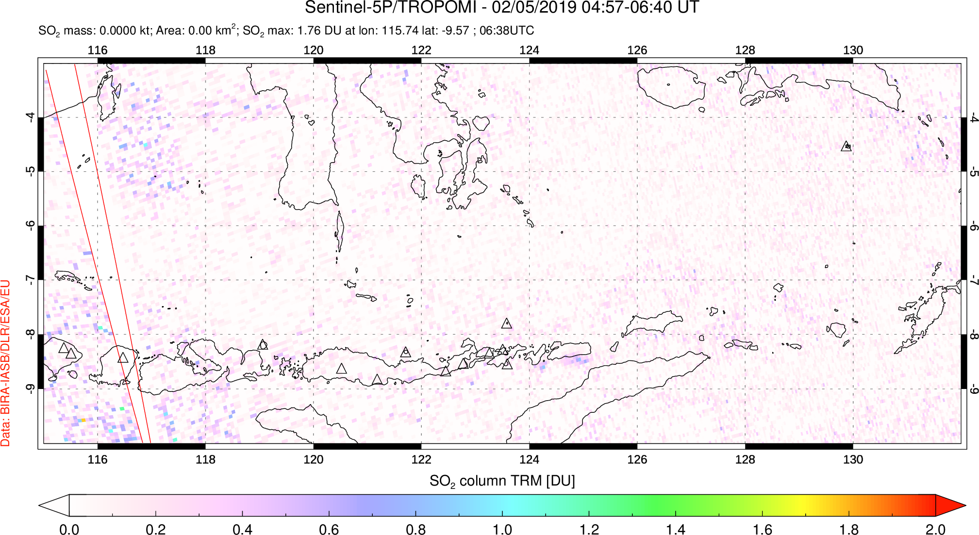 A sulfur dioxide image over Lesser Sunda Islands, Indonesia on Feb 05, 2019.