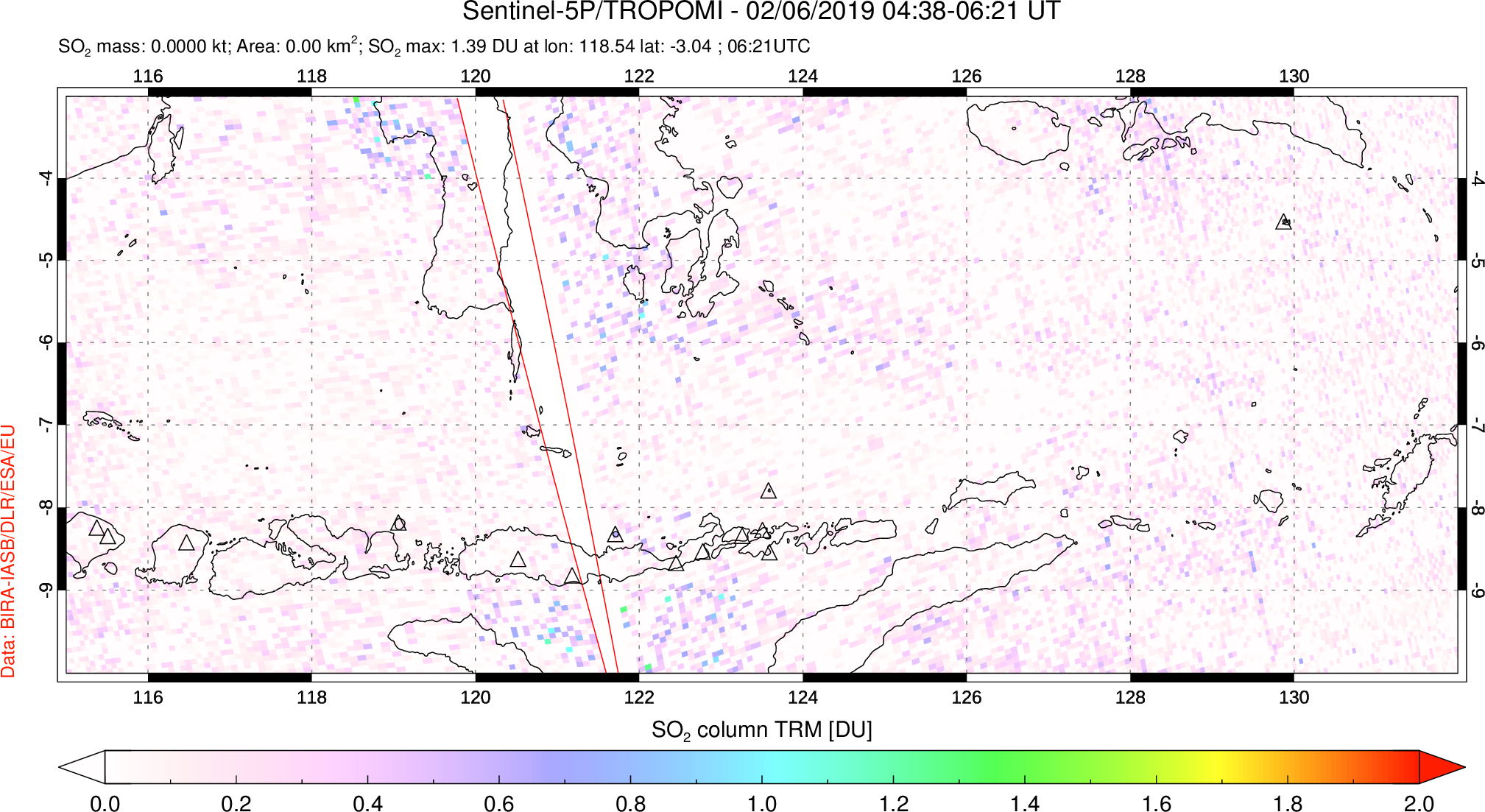 A sulfur dioxide image over Lesser Sunda Islands, Indonesia on Feb 06, 2019.