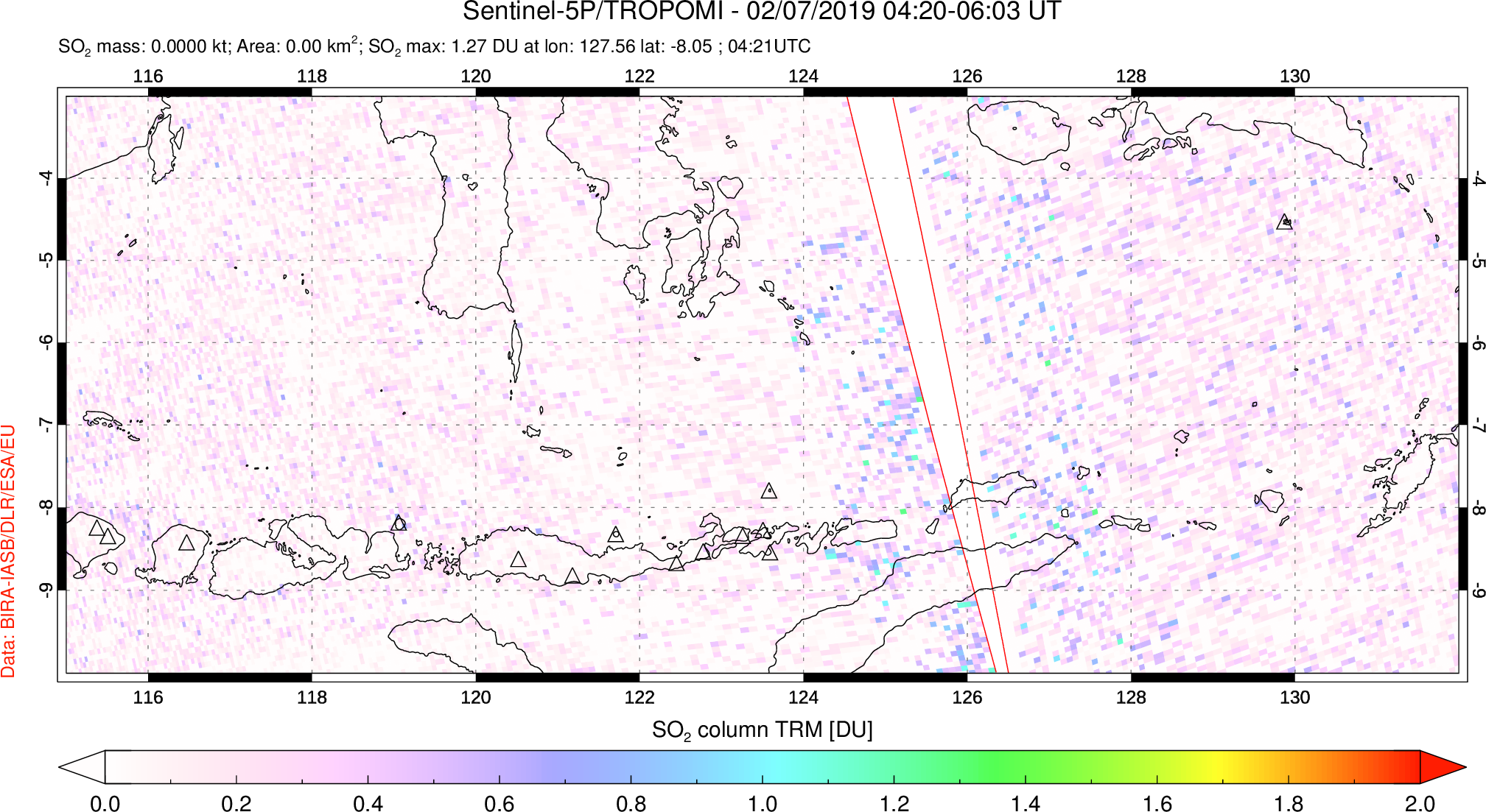 A sulfur dioxide image over Lesser Sunda Islands, Indonesia on Feb 07, 2019.