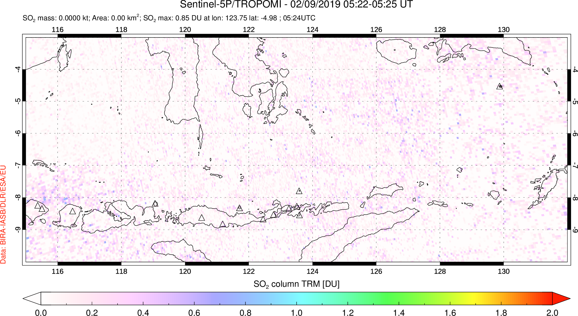 A sulfur dioxide image over Lesser Sunda Islands, Indonesia on Feb 09, 2019.