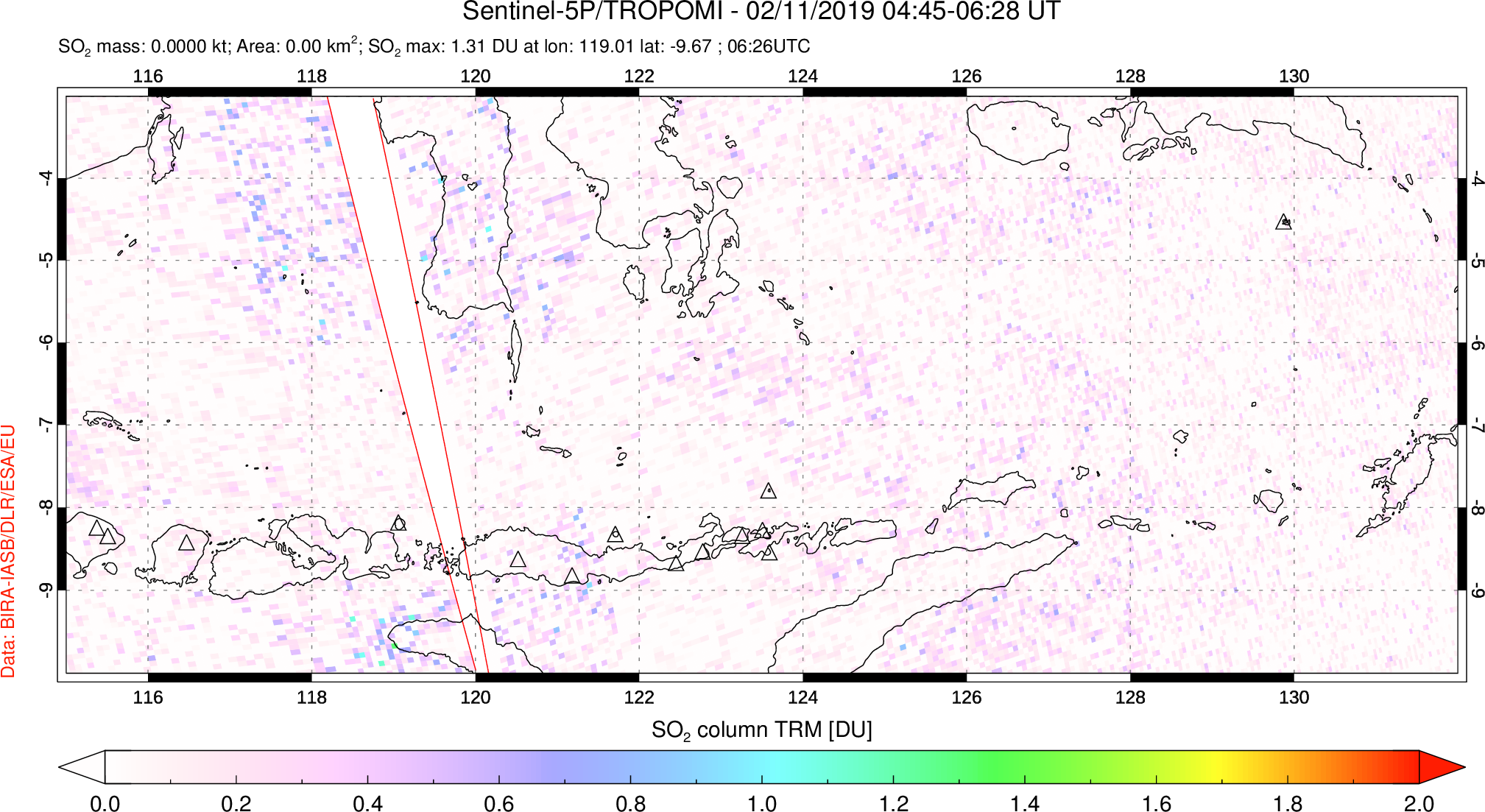 A sulfur dioxide image over Lesser Sunda Islands, Indonesia on Feb 11, 2019.