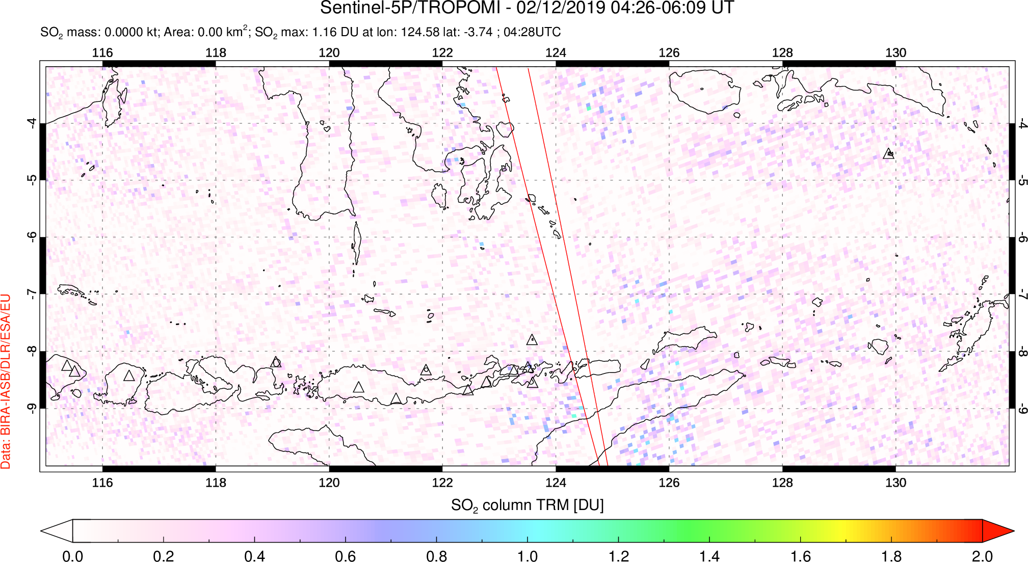 A sulfur dioxide image over Lesser Sunda Islands, Indonesia on Feb 12, 2019.