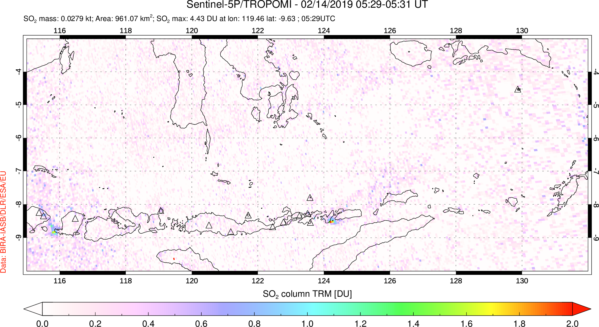 A sulfur dioxide image over Lesser Sunda Islands, Indonesia on Feb 14, 2019.
