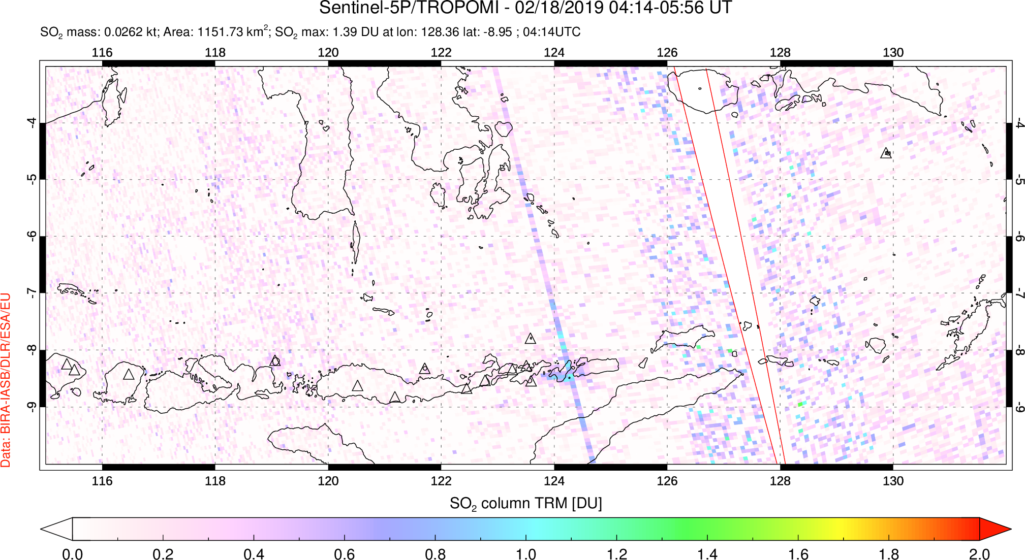 A sulfur dioxide image over Lesser Sunda Islands, Indonesia on Feb 18, 2019.
