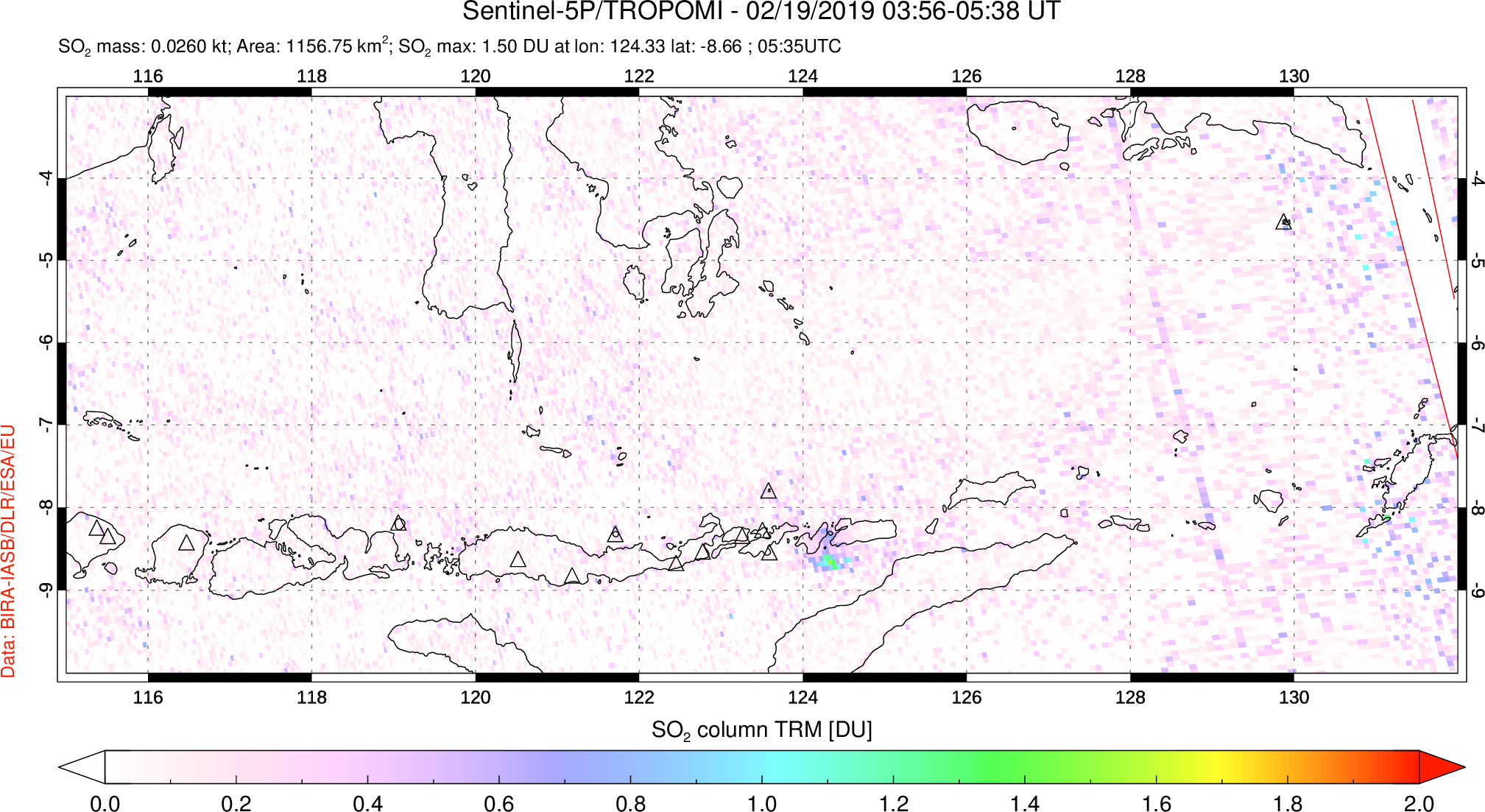 A sulfur dioxide image over Lesser Sunda Islands, Indonesia on Feb 19, 2019.