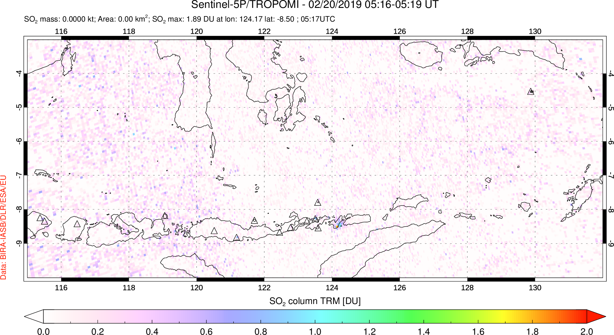 A sulfur dioxide image over Lesser Sunda Islands, Indonesia on Feb 20, 2019.