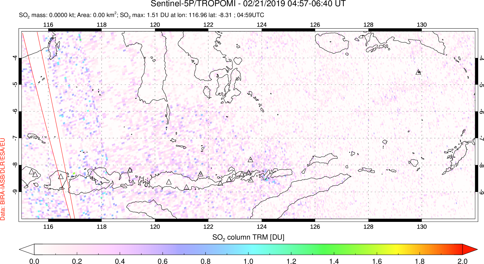 A sulfur dioxide image over Lesser Sunda Islands, Indonesia on Feb 21, 2019.