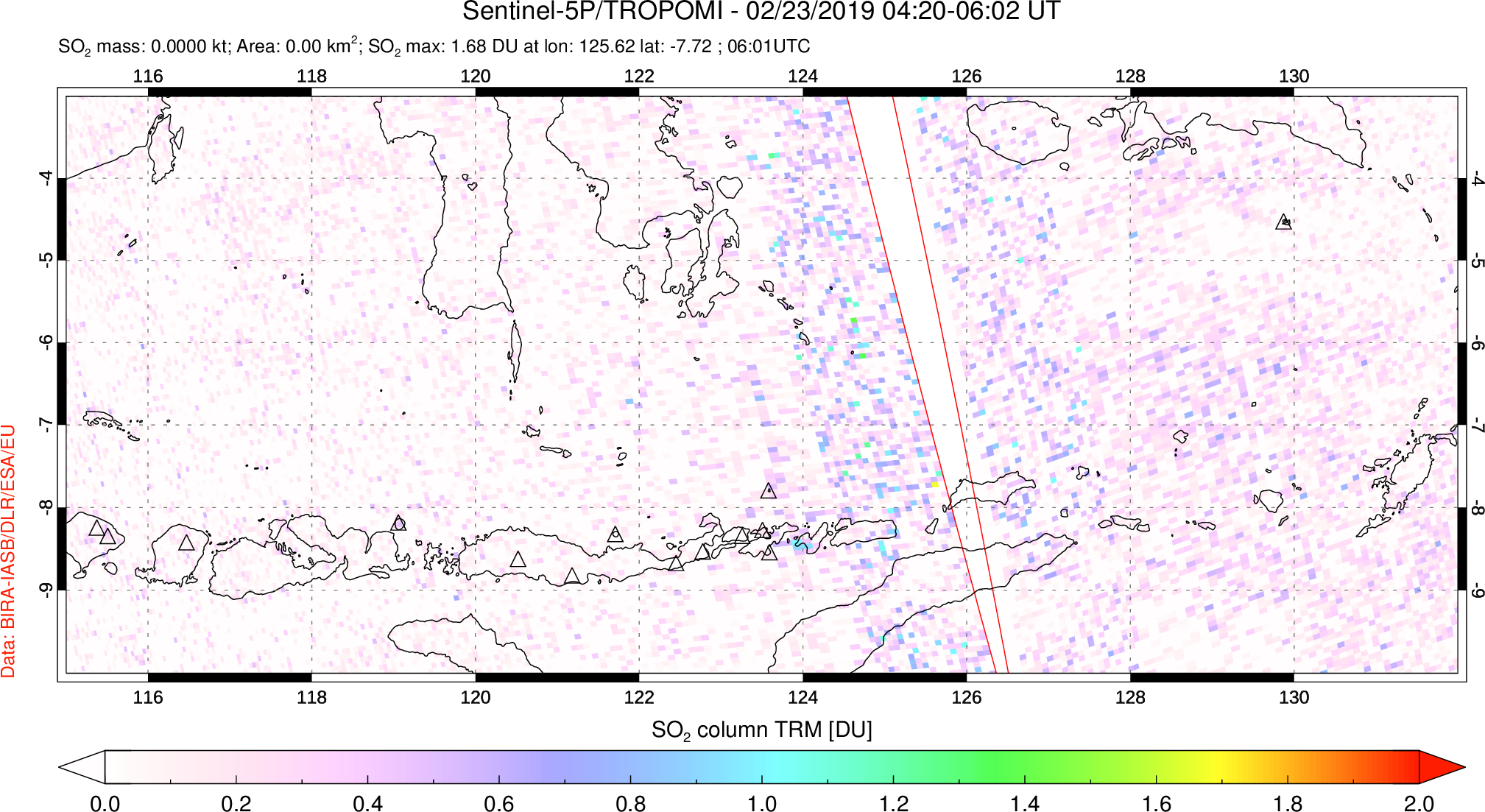 A sulfur dioxide image over Lesser Sunda Islands, Indonesia on Feb 23, 2019.
