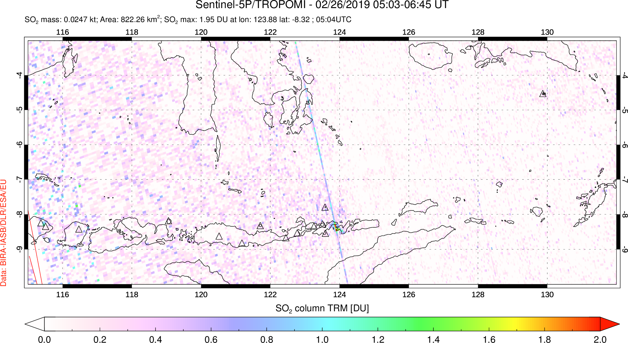 A sulfur dioxide image over Lesser Sunda Islands, Indonesia on Feb 26, 2019.