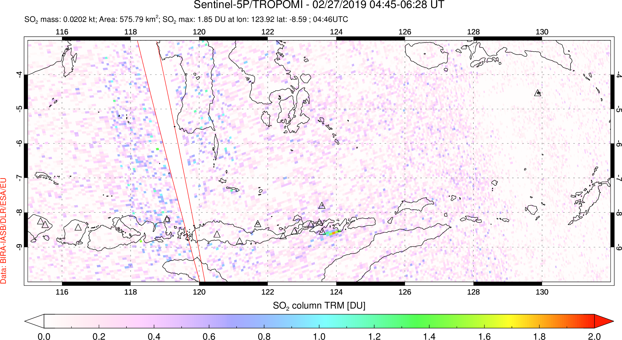 A sulfur dioxide image over Lesser Sunda Islands, Indonesia on Feb 27, 2019.