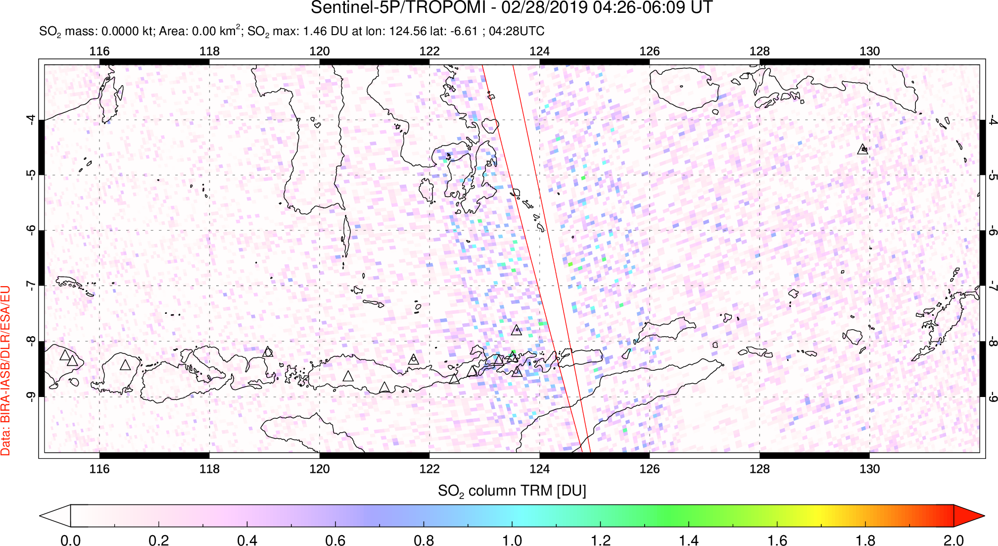 A sulfur dioxide image over Lesser Sunda Islands, Indonesia on Feb 28, 2019.