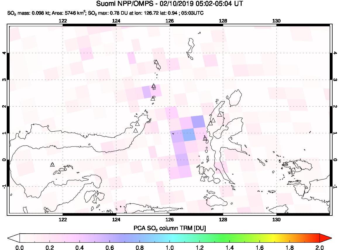 A sulfur dioxide image over Northern Sulawesi & Halmahera, Indonesia on Feb 10, 2019.