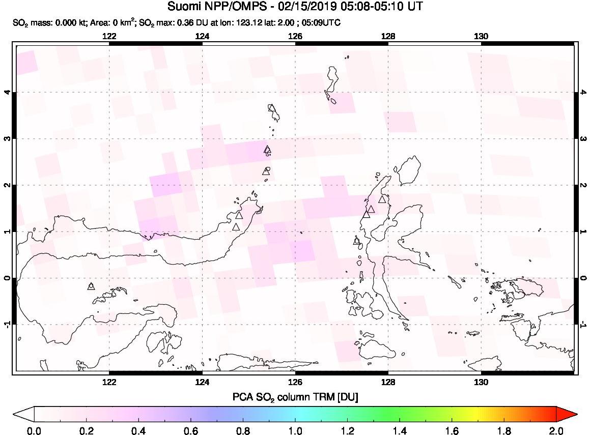 A sulfur dioxide image over Northern Sulawesi & Halmahera, Indonesia on Feb 15, 2019.