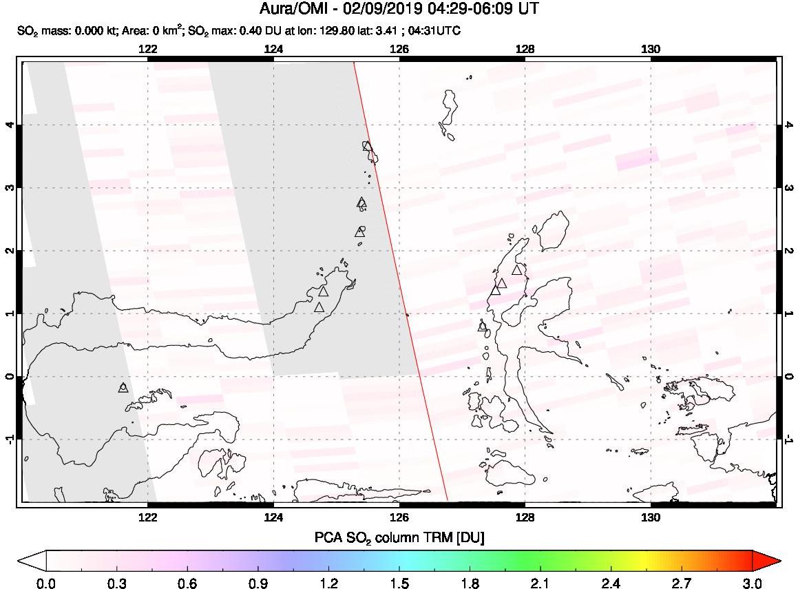 A sulfur dioxide image over Northern Sulawesi & Halmahera, Indonesia on Feb 09, 2019.