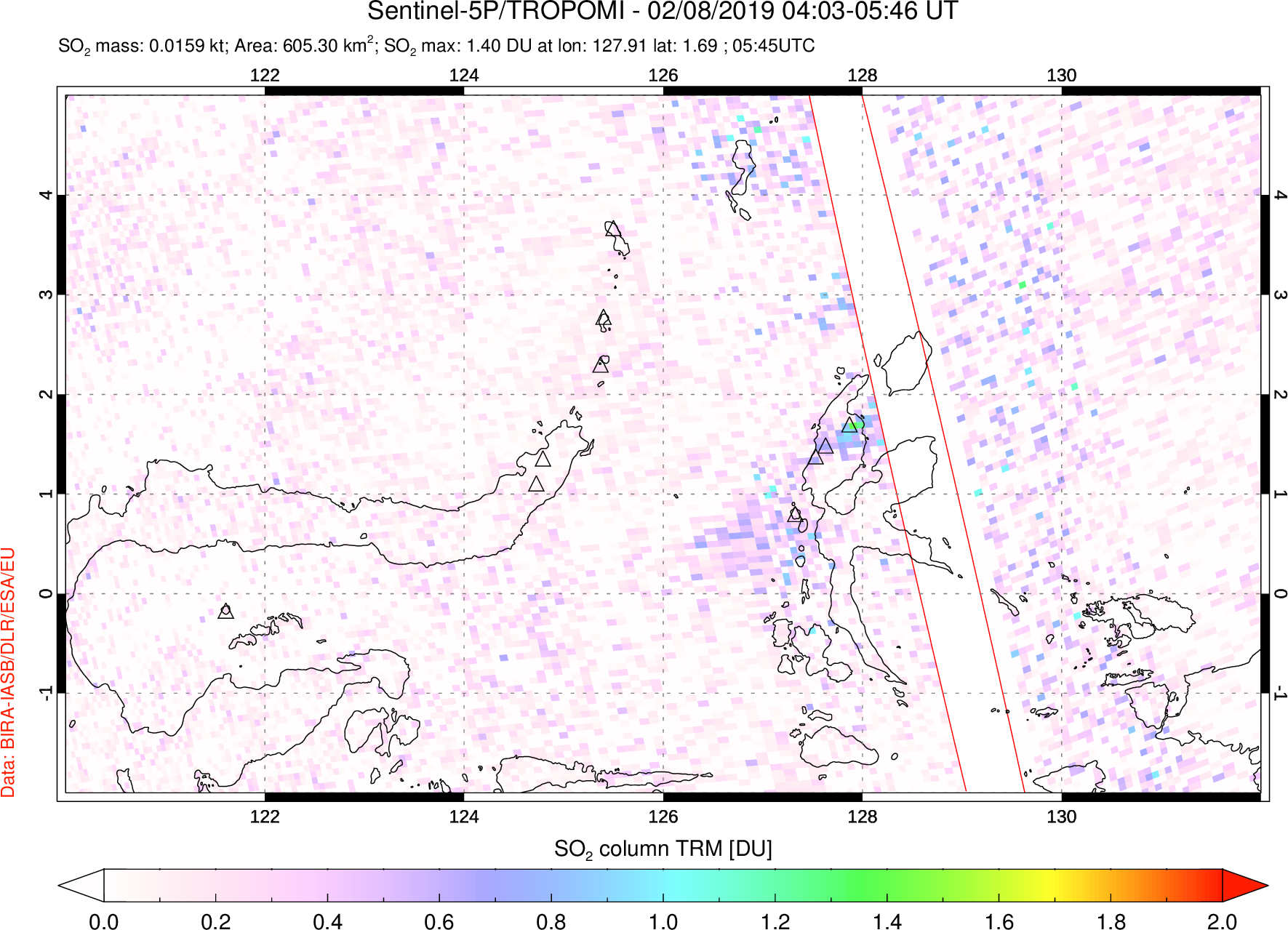 A sulfur dioxide image over Northern Sulawesi & Halmahera, Indonesia on Feb 08, 2019.