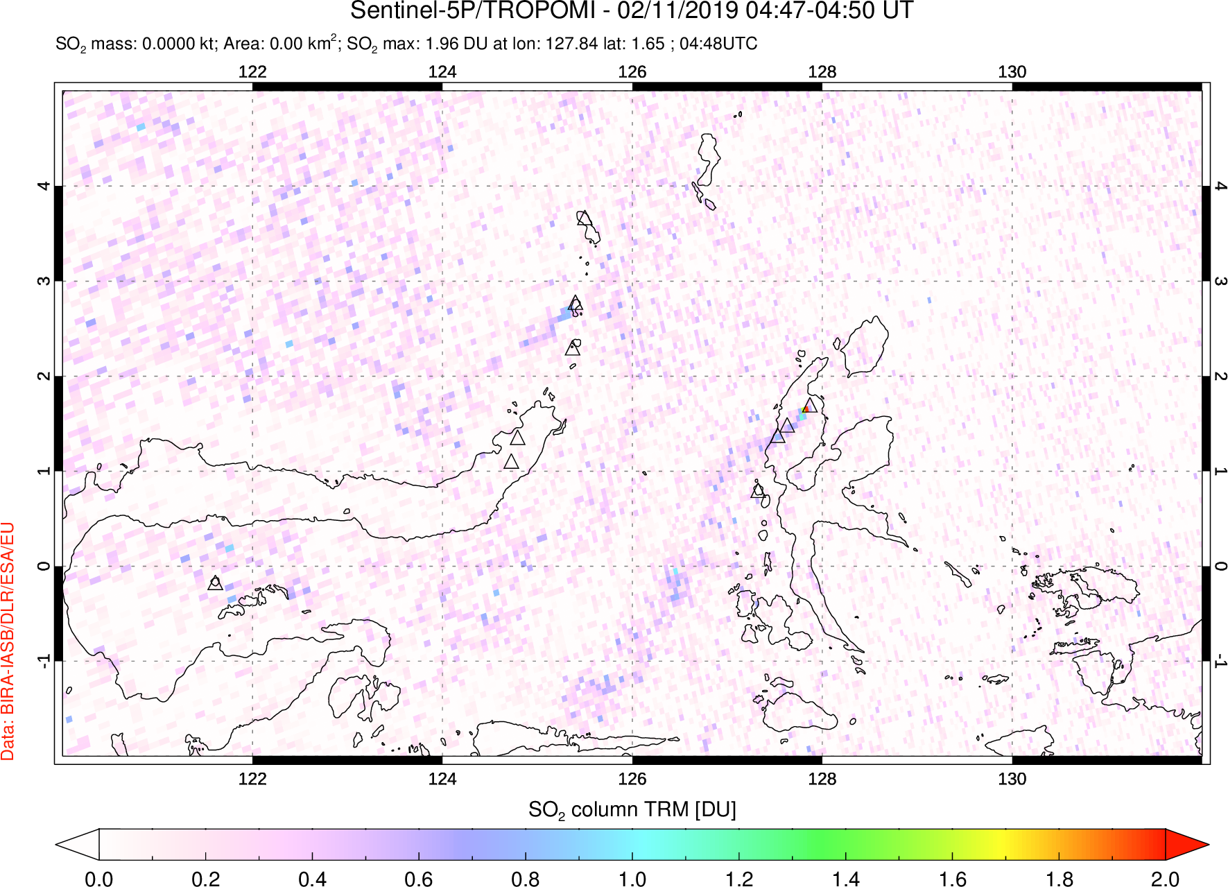 A sulfur dioxide image over Northern Sulawesi & Halmahera, Indonesia on Feb 11, 2019.