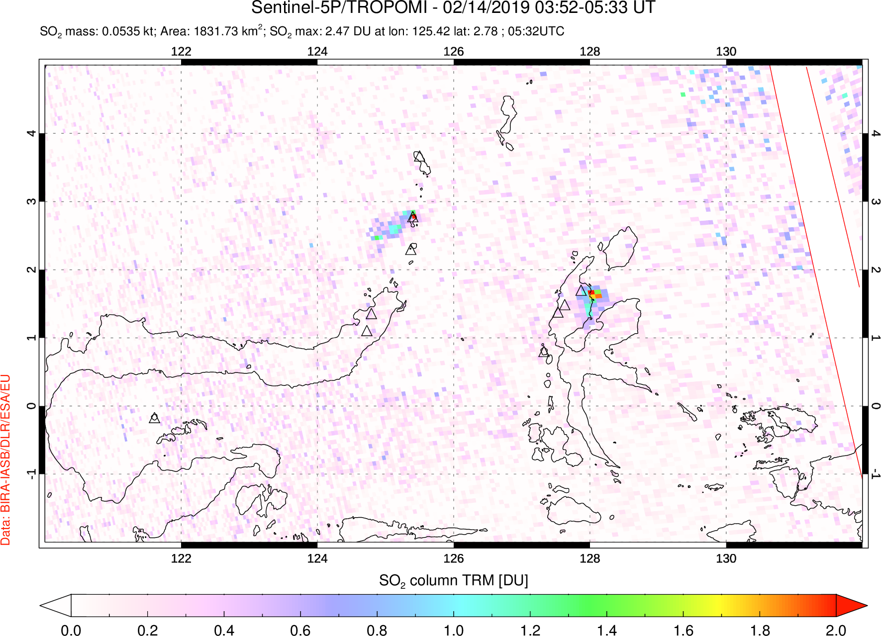 A sulfur dioxide image over Northern Sulawesi & Halmahera, Indonesia on Feb 14, 2019.