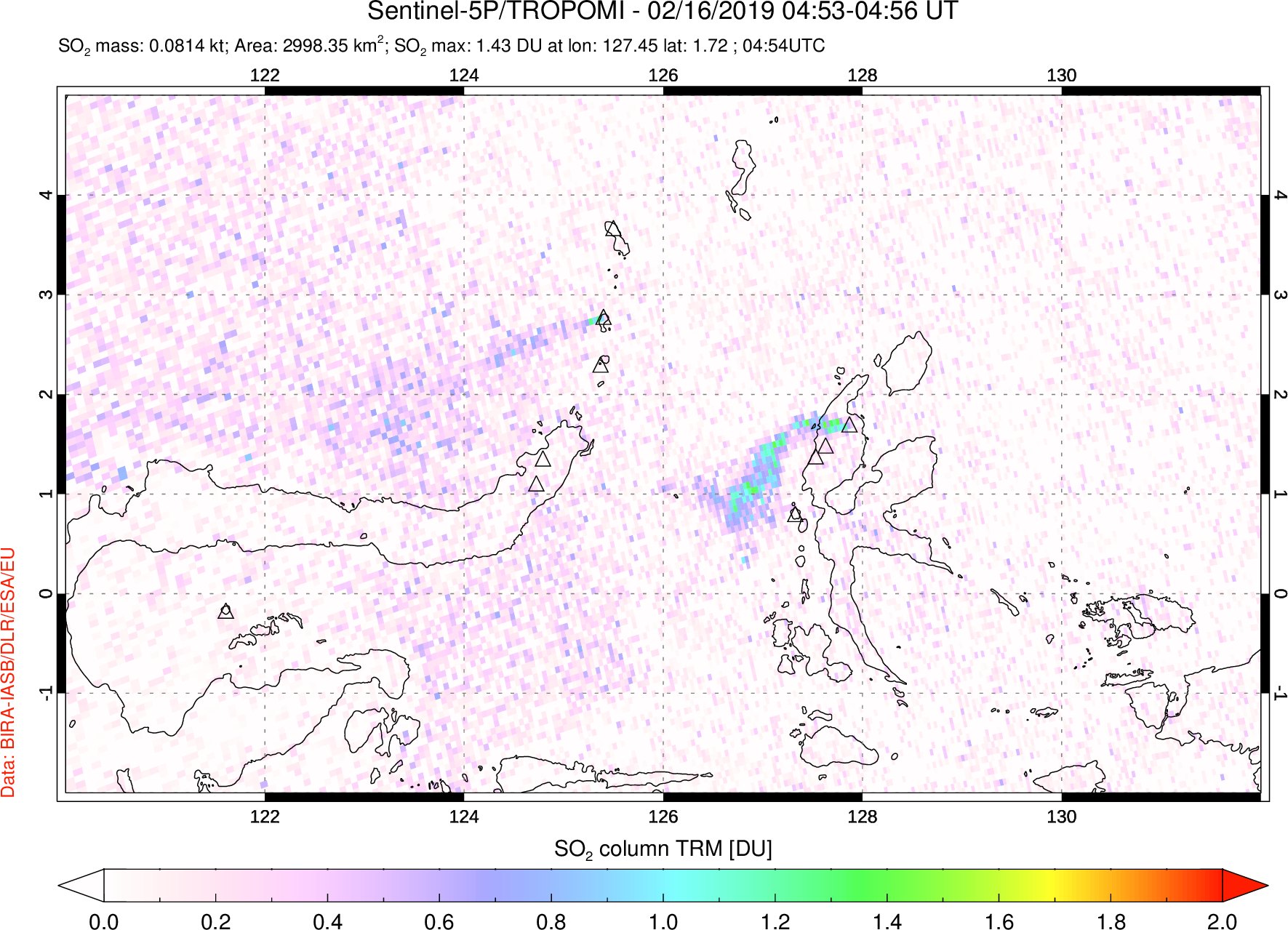 A sulfur dioxide image over Northern Sulawesi & Halmahera, Indonesia on Feb 16, 2019.