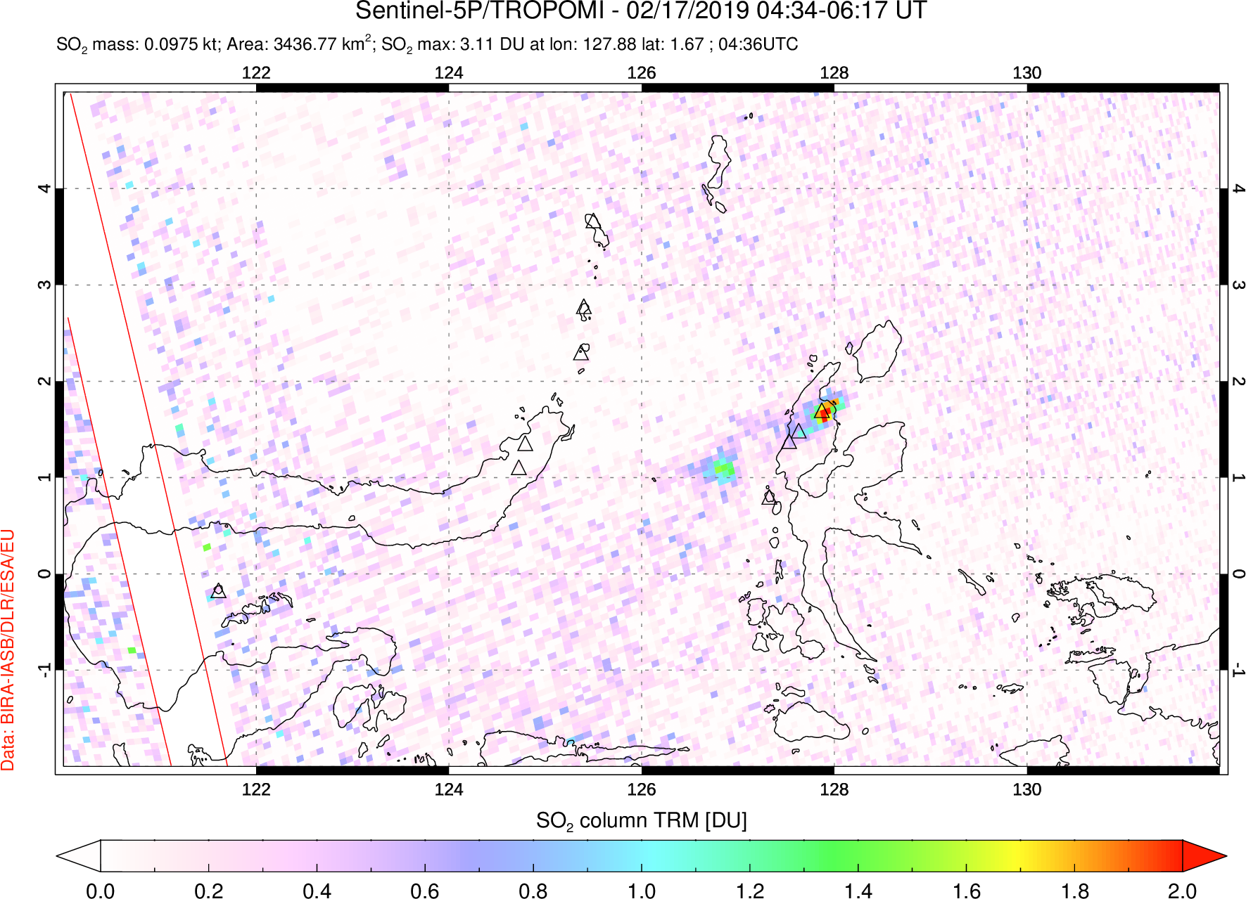 A sulfur dioxide image over Northern Sulawesi & Halmahera, Indonesia on Feb 17, 2019.