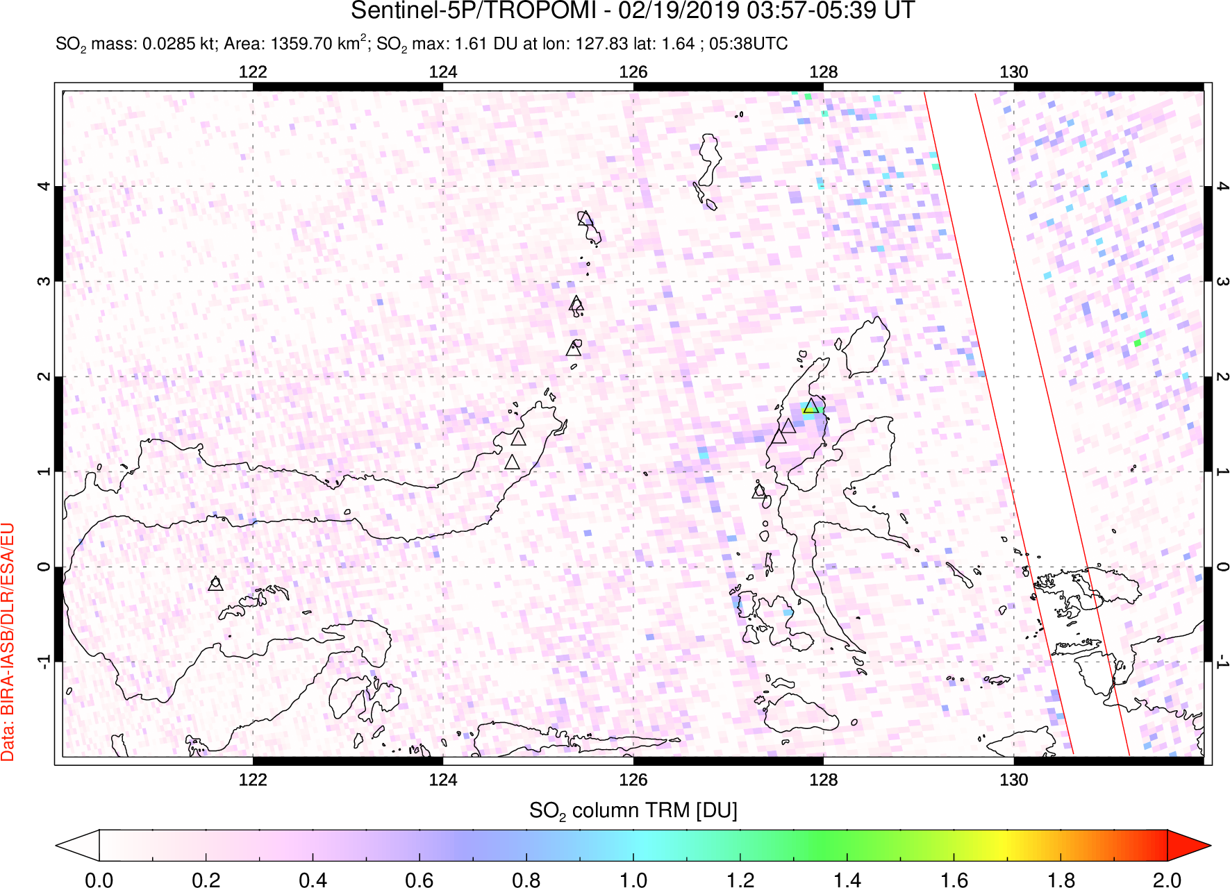 A sulfur dioxide image over Northern Sulawesi & Halmahera, Indonesia on Feb 19, 2019.