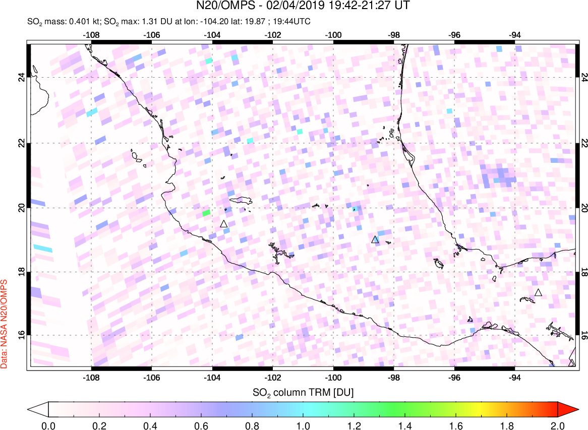 A sulfur dioxide image over Mexico on Feb 04, 2019.