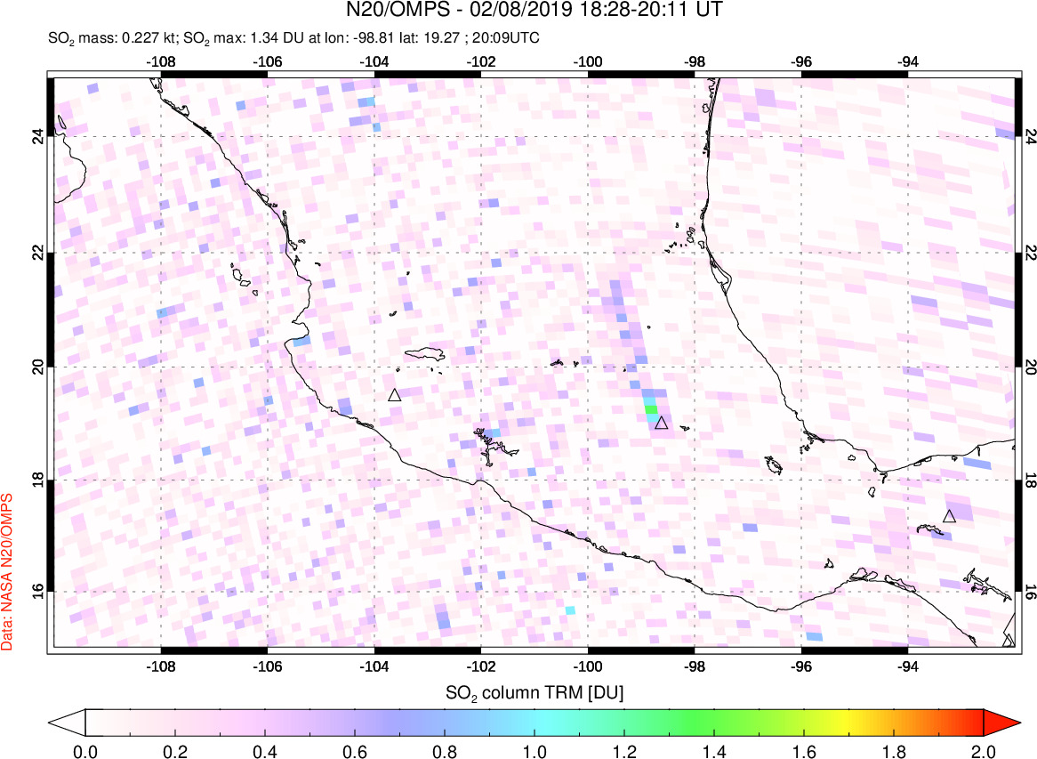 A sulfur dioxide image over Mexico on Feb 08, 2019.