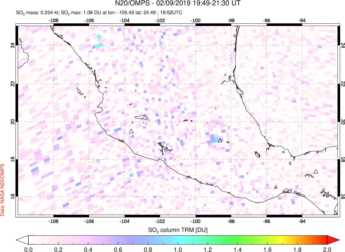 A sulfur dioxide image over Mexico on Feb 09, 2019.