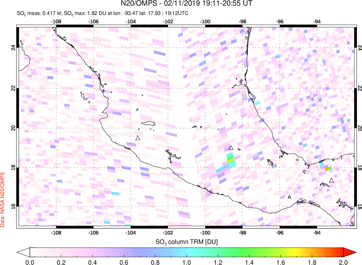 A sulfur dioxide image over Mexico on Feb 11, 2019.