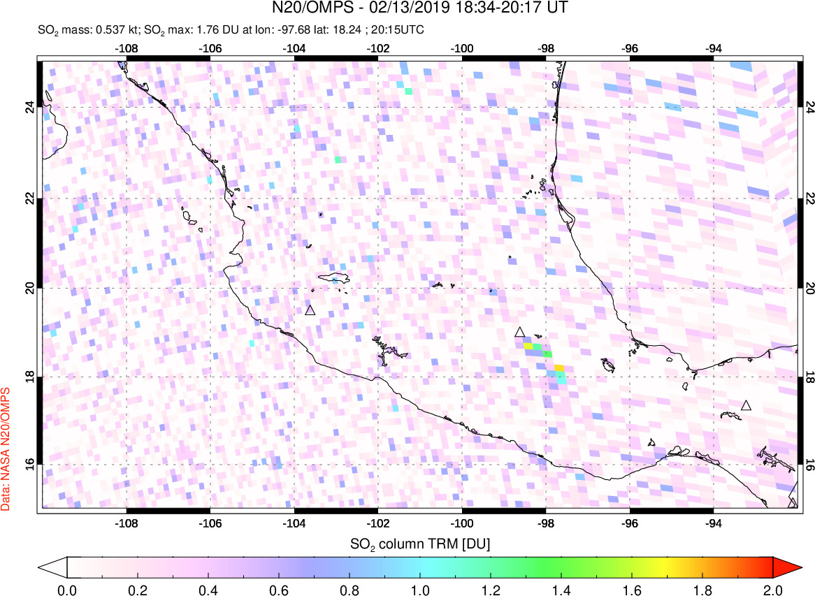 A sulfur dioxide image over Mexico on Feb 13, 2019.