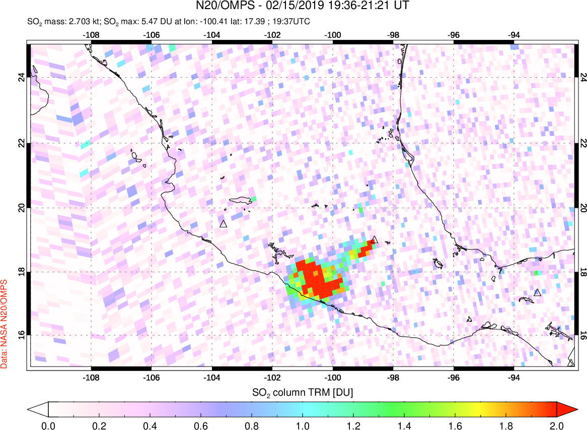 A sulfur dioxide image over Mexico on Feb 15, 2019.