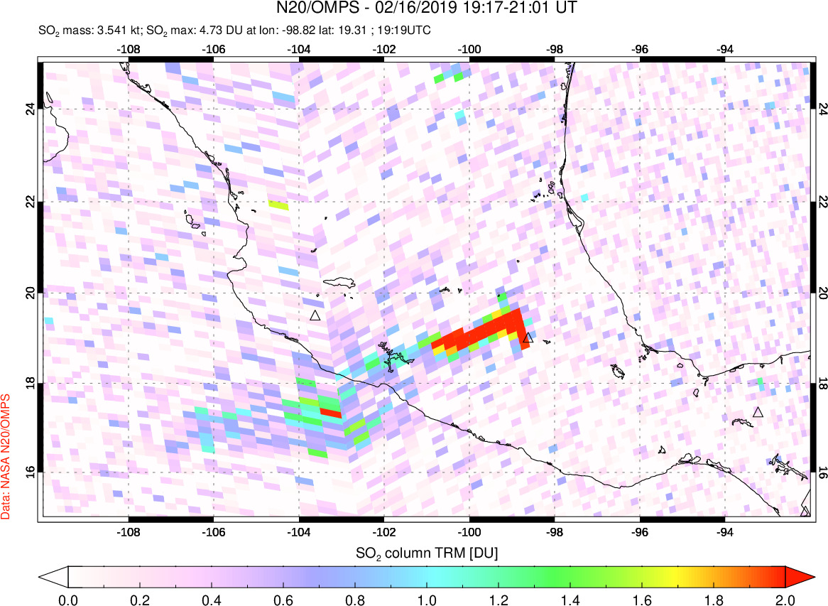 A sulfur dioxide image over Mexico on Feb 16, 2019.