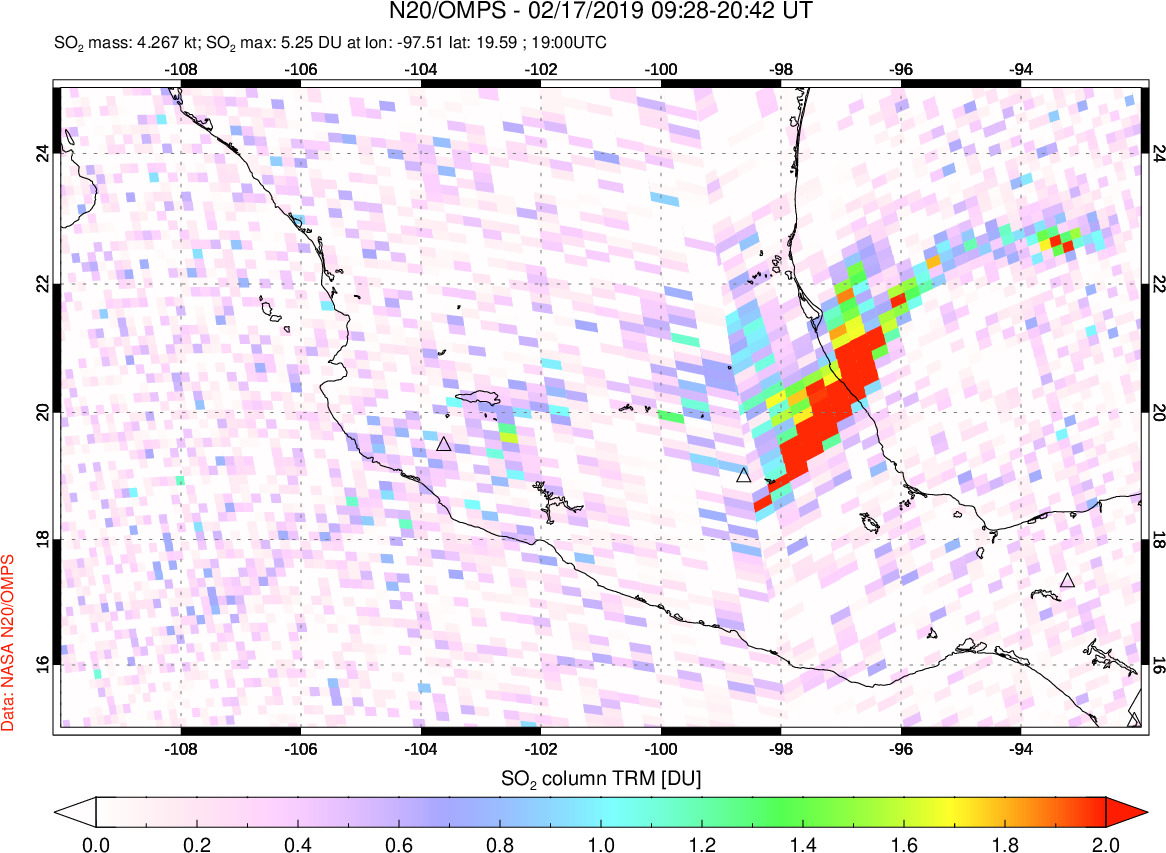 A sulfur dioxide image over Mexico on Feb 17, 2019.