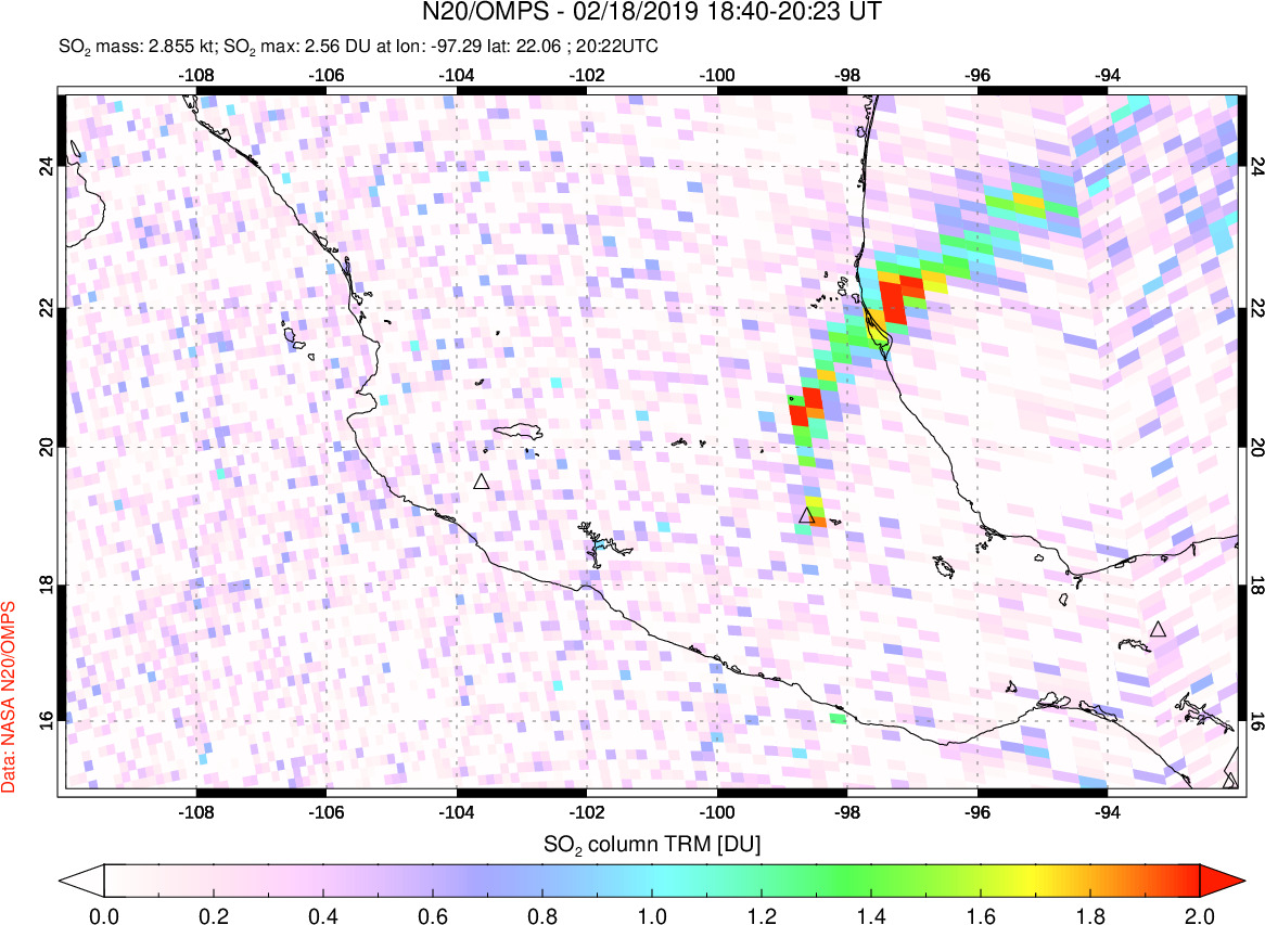 A sulfur dioxide image over Mexico on Feb 18, 2019.