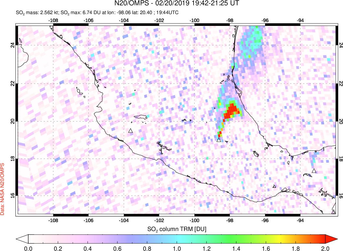 A sulfur dioxide image over Mexico on Feb 20, 2019.