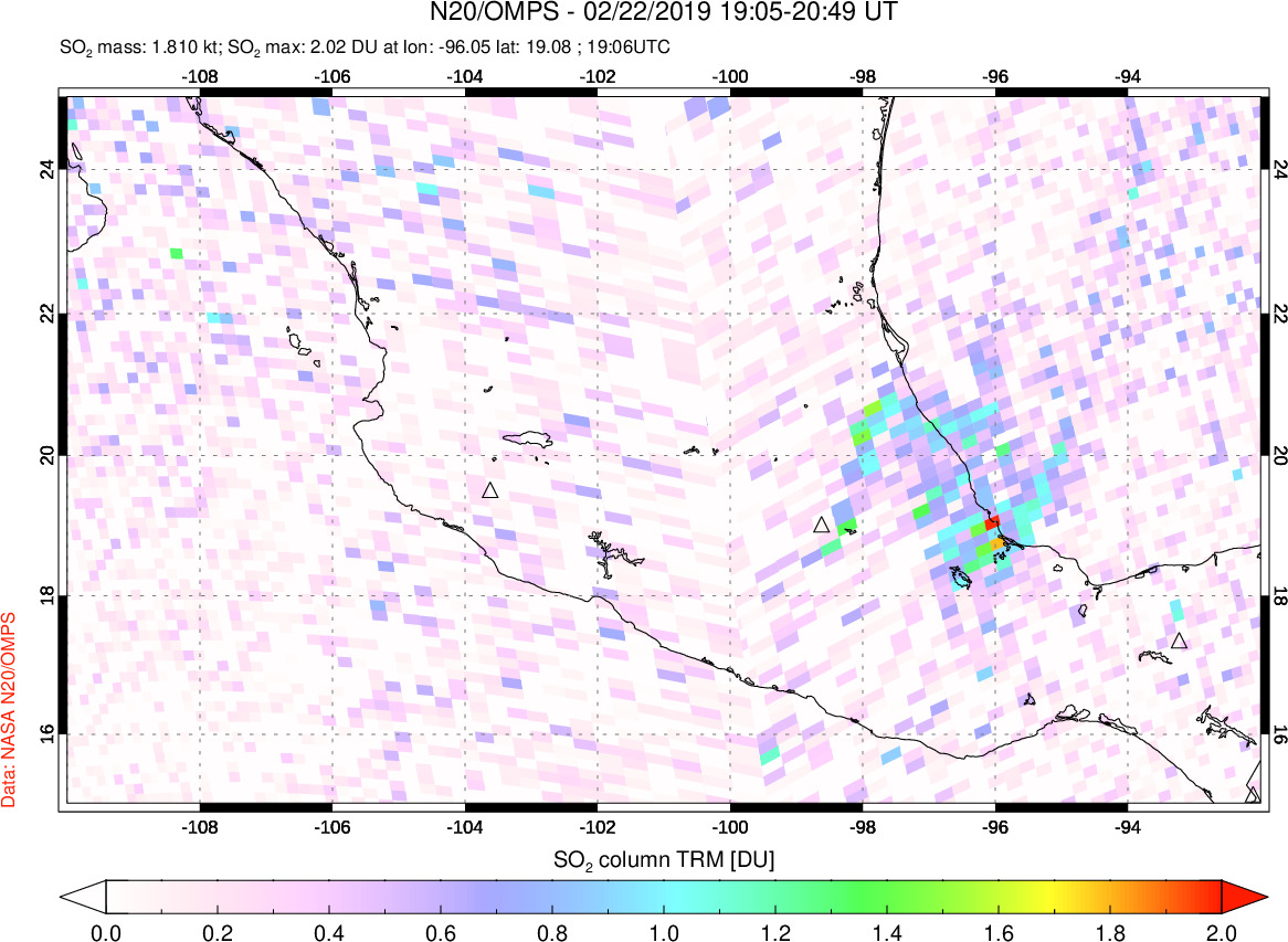 A sulfur dioxide image over Mexico on Feb 22, 2019.