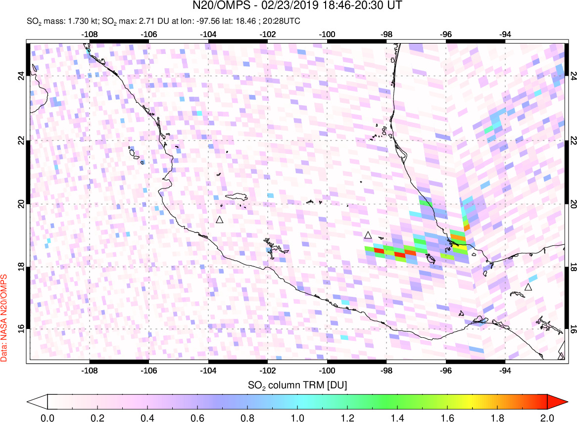 A sulfur dioxide image over Mexico on Feb 23, 2019.