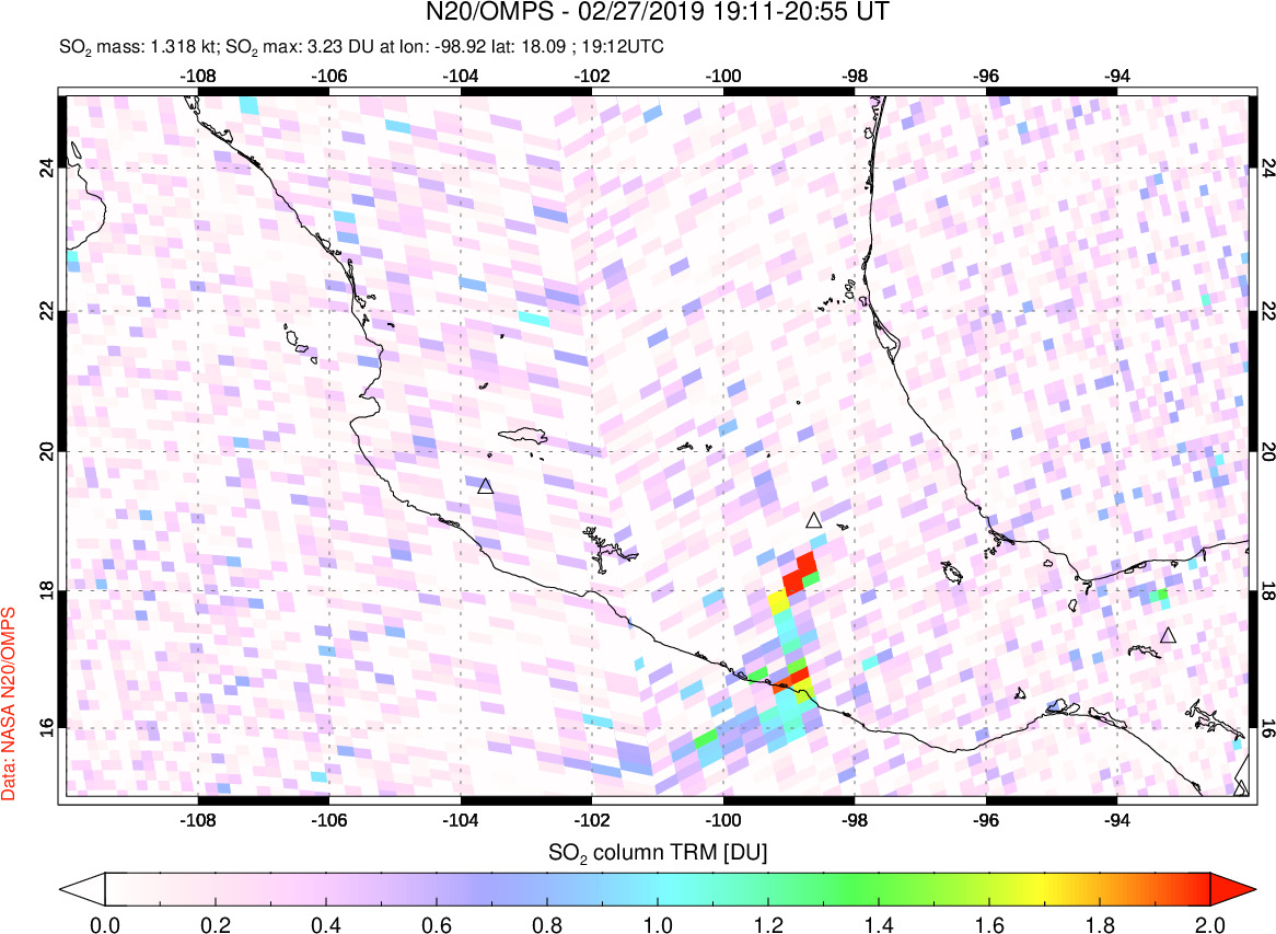 A sulfur dioxide image over Mexico on Feb 27, 2019.