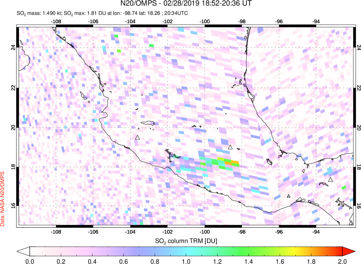 A sulfur dioxide image over Mexico on Feb 28, 2019.