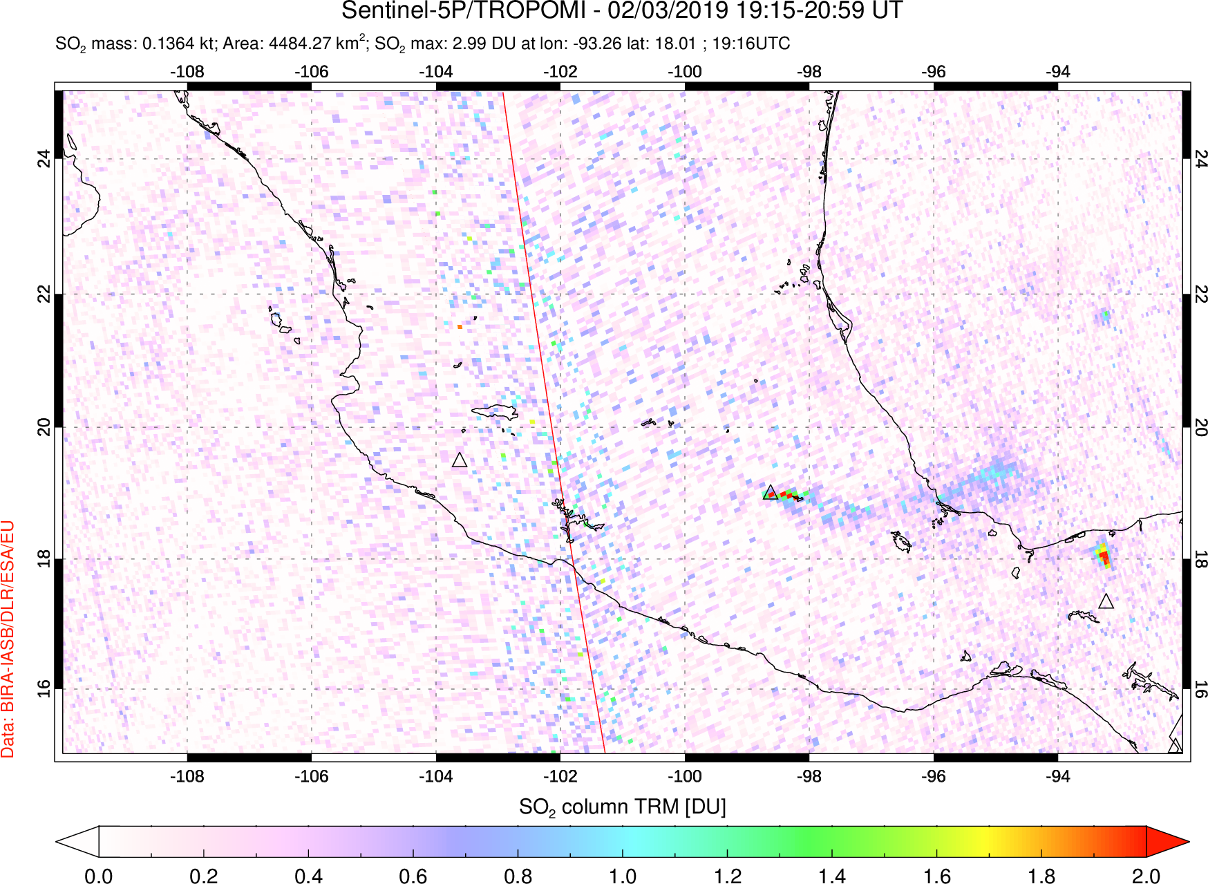 A sulfur dioxide image over Mexico on Feb 03, 2019.