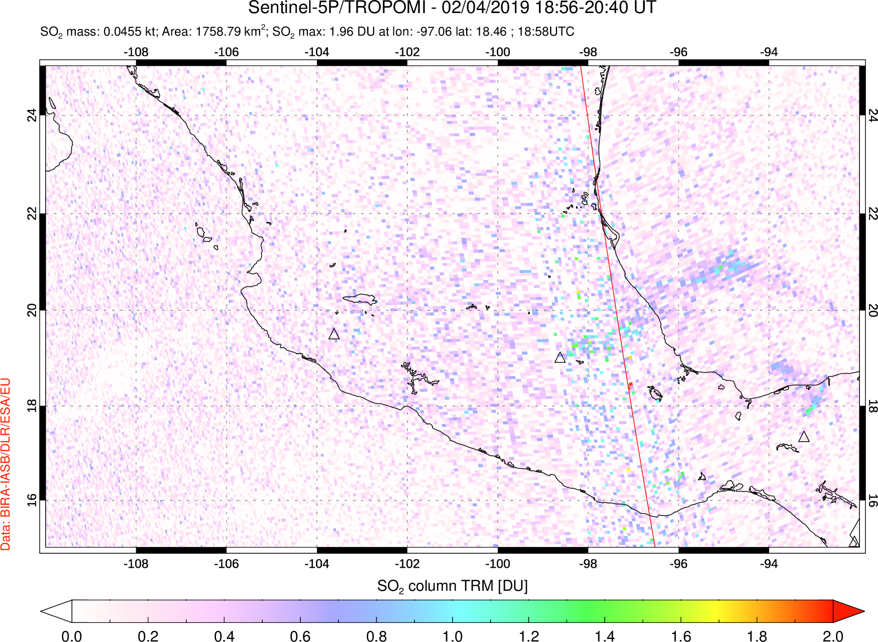 A sulfur dioxide image over Mexico on Feb 04, 2019.