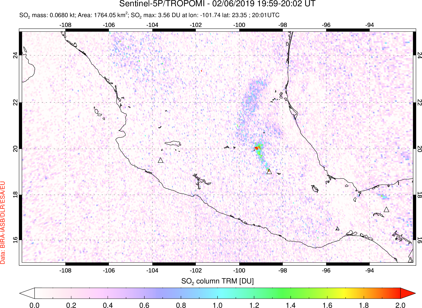 A sulfur dioxide image over Mexico on Feb 06, 2019.