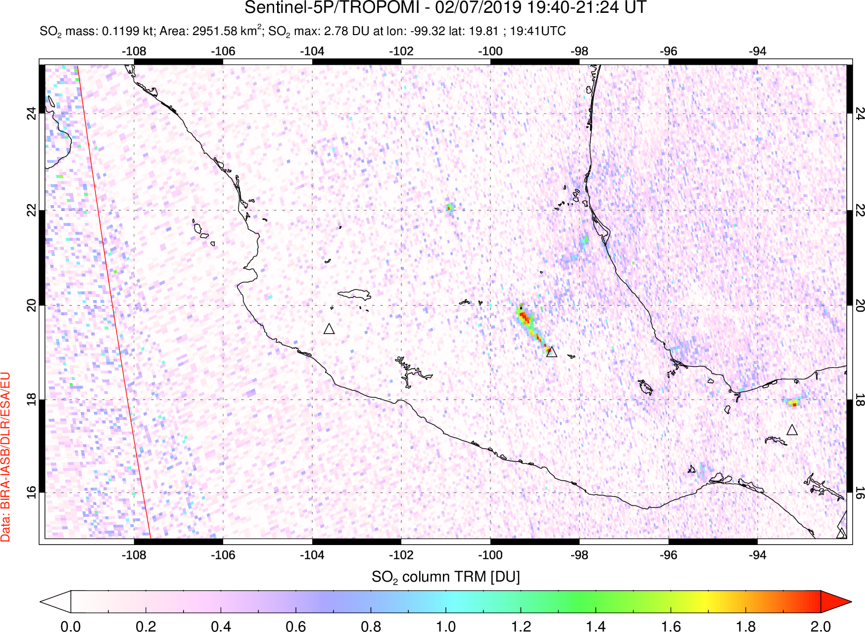 A sulfur dioxide image over Mexico on Feb 07, 2019.