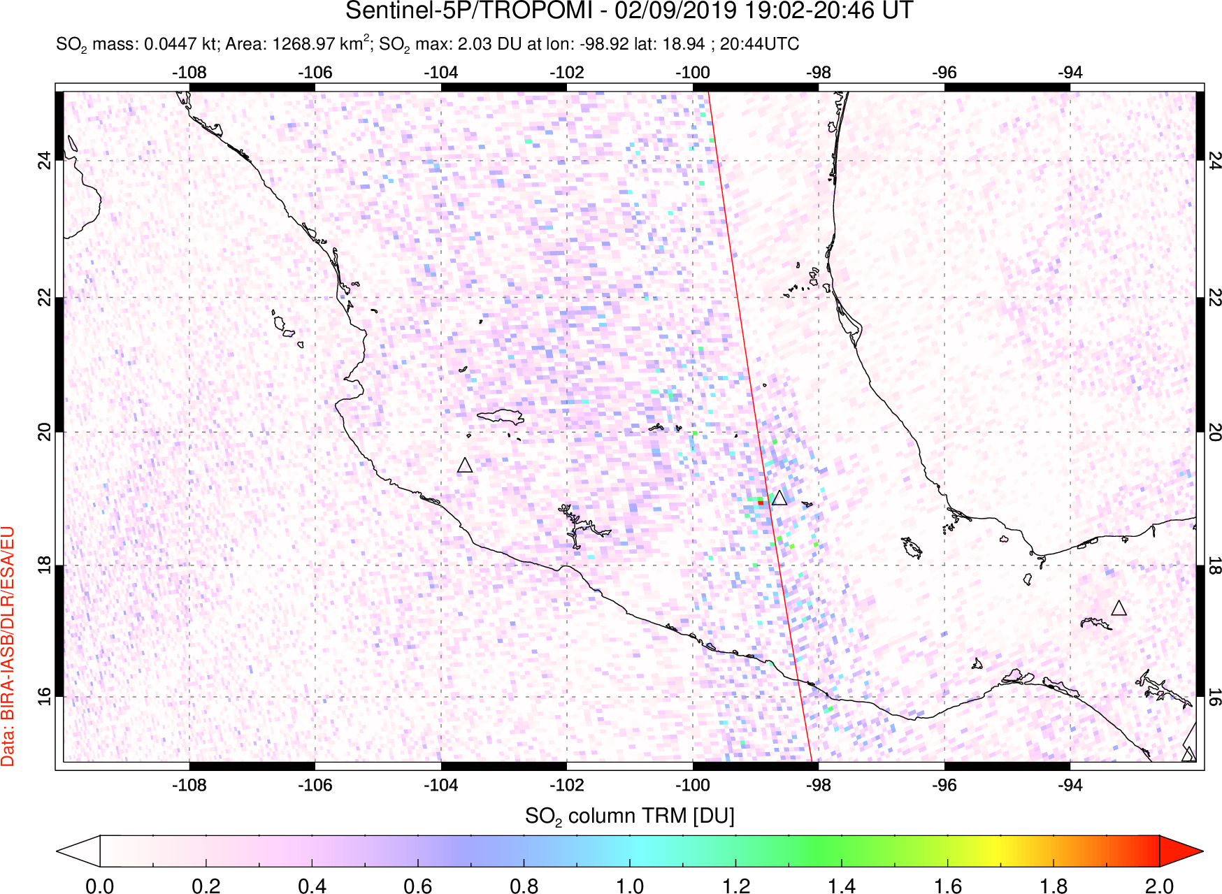 A sulfur dioxide image over Mexico on Feb 09, 2019.