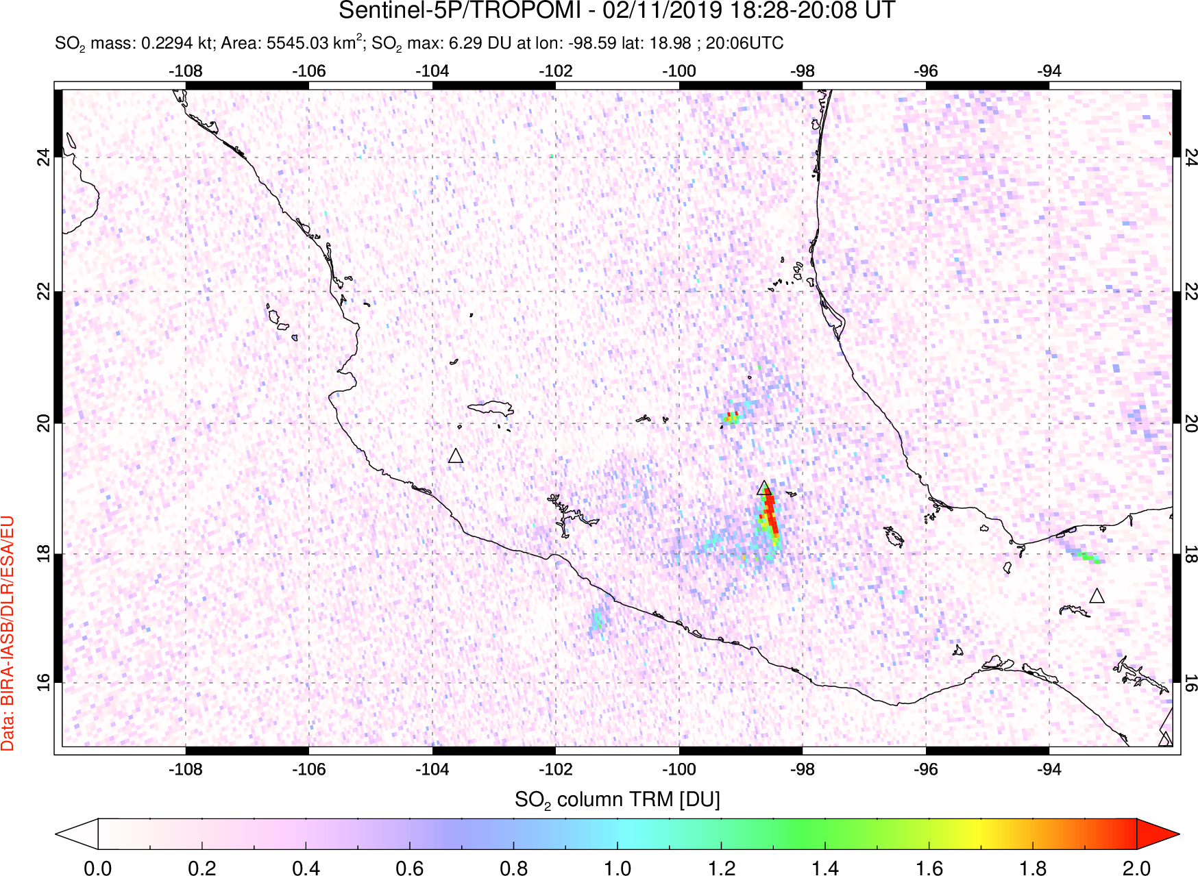 A sulfur dioxide image over Mexico on Feb 11, 2019.