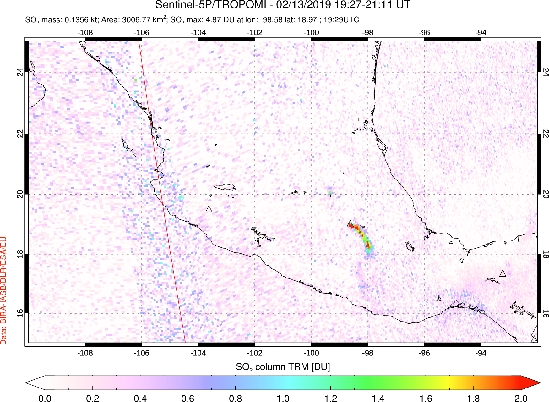 A sulfur dioxide image over Mexico on Feb 13, 2019.
