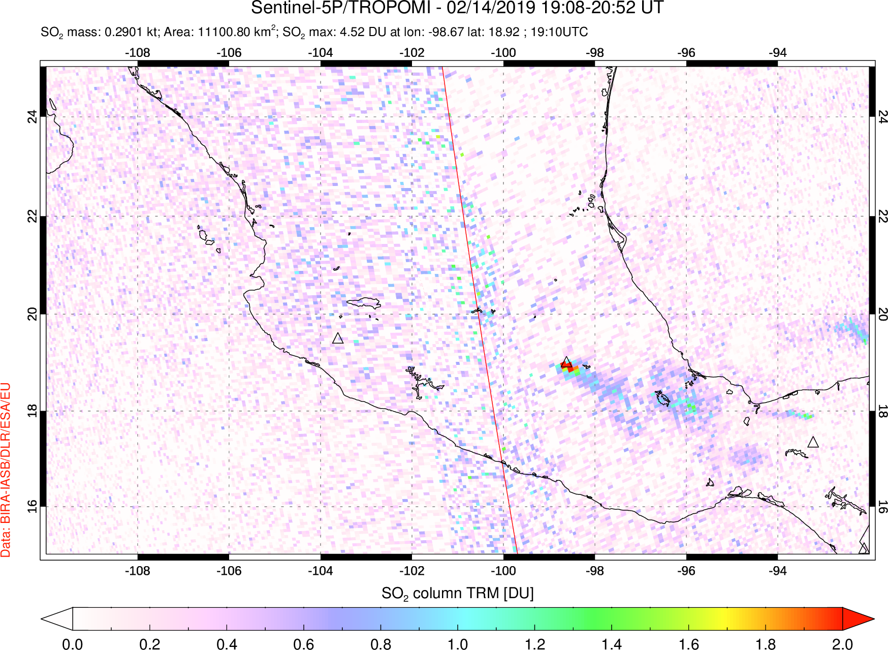 A sulfur dioxide image over Mexico on Feb 14, 2019.