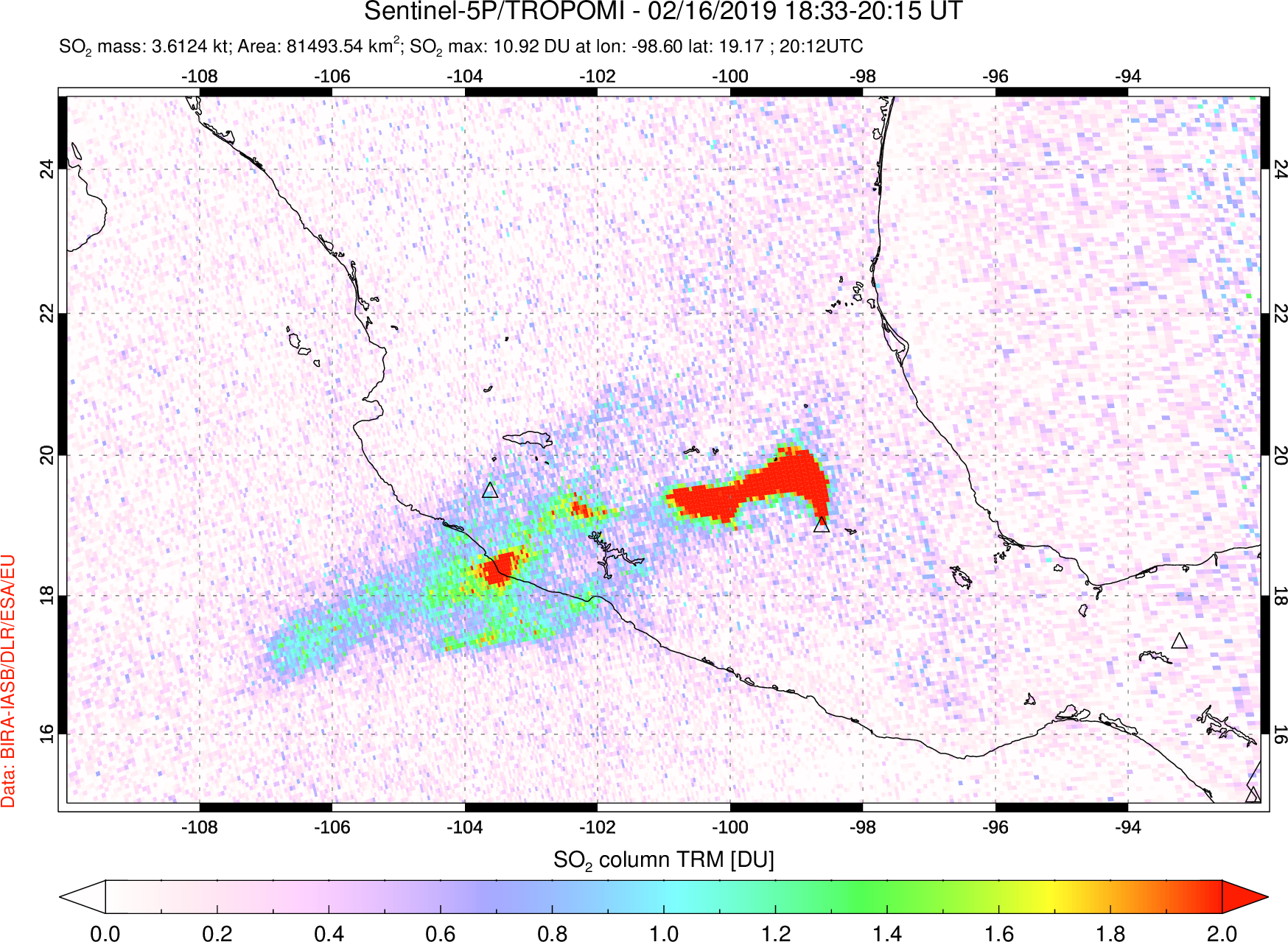 A sulfur dioxide image over Mexico on Feb 16, 2019.
